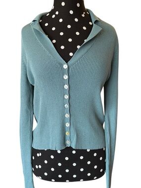 Lindex Teal Ribbed Cardigan Button Front Fitted Stretch V Neck Top Size US Small